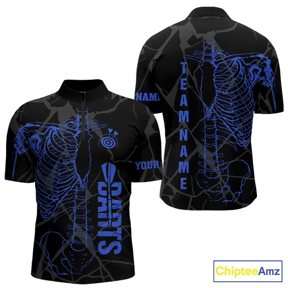 Black And Blue Funny Skeleton Darts Polo & 1/4 Zip Custom Darts Shirt For Men Darts Team Jersey TDM7351