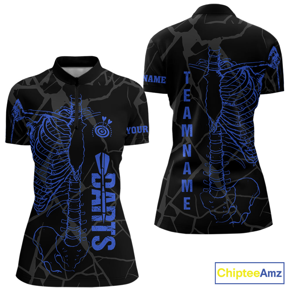 Black And Blue Funny Skeleton Darts Polo & 1/4 Zip Custom Darts Shirt For Women Darts Team Jersey TDM7351