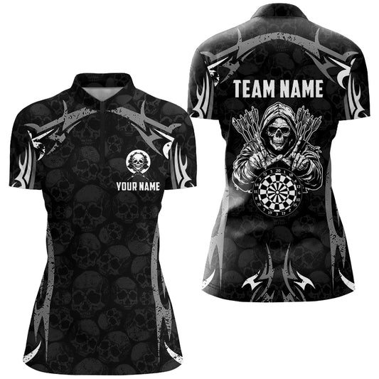 Black Grey Grim Reaper Skull Pattern Custom Darts Shirts For Women,  Darts Team Jerseys TDM2594