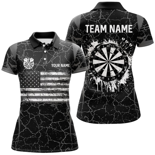 Personalized Black White Retro US Flag Patriotic Women Dart Shirts, Crack Pattern Grunge Dart Jerseys TDM2596