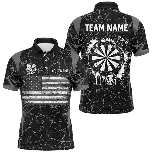 Personalized Black White Retro US Flag Patriotic Men Dart Shirts, Crack Pattern Grunge Dart Jerseys TDM2596
