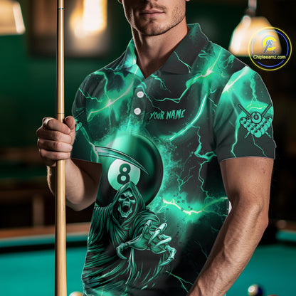 Turquoise Grim Reaper 8 Ball Men's Billiard Shirt Custom Thunder Lightning Pool Team Jersey TDM4872