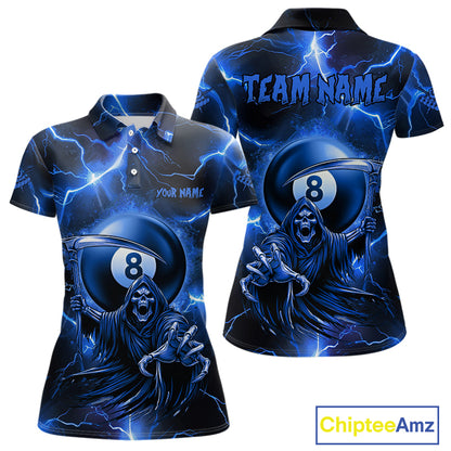 Personalized Blue Grim Reaper 8 Ball Women's Billiard Shirt Custom Thunder Lightning Pool Team Jersey TDM4873