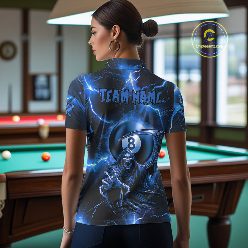 Personalized Blue Grim Reaper 8 Ball Women's Billiard Shirt Custom Thunder Lightning Pool Team Jersey TDM4873