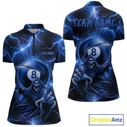 Personalized Blue Grim Reaper 8 Ball Women's Billiard Shirt Custom Thunder Lightning Pool Team Jersey TDM4873