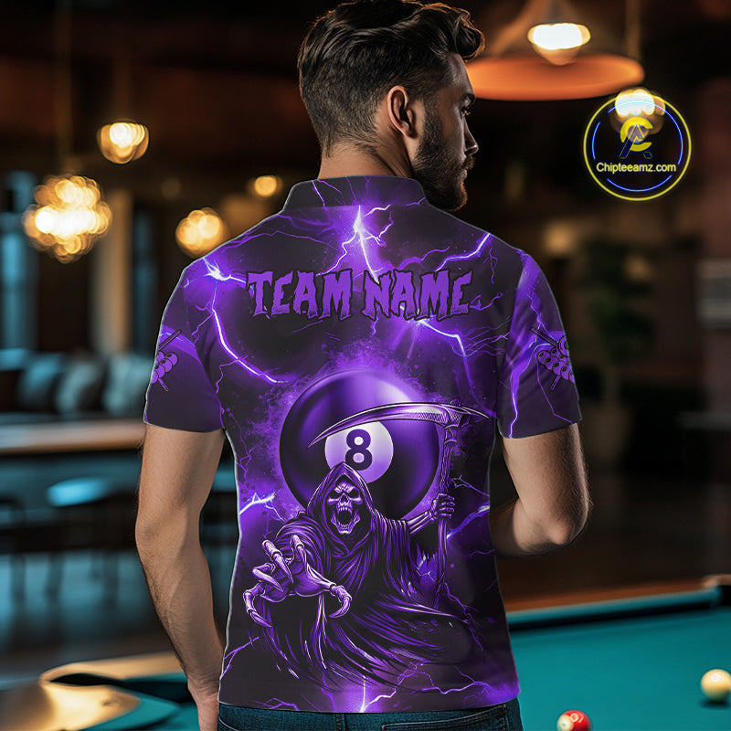 Purple Grim Reaper 8 Ball Men's Billiard Shirt Custom Thunder Lightning Halloween Pool Team Jersey TDM4874