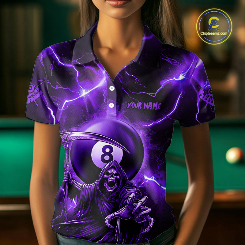 Purple Grim Reaper 8 Ball Women's Billiard Shirt Custom Thunder Lightning Halloween Pool Team Jersey TDM4874