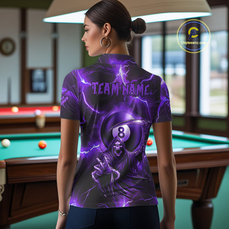 Purple Grim Reaper 8 Ball Women's Billiard Shirt Custom Thunder Lightning Halloween Pool Team Jersey TDM4874