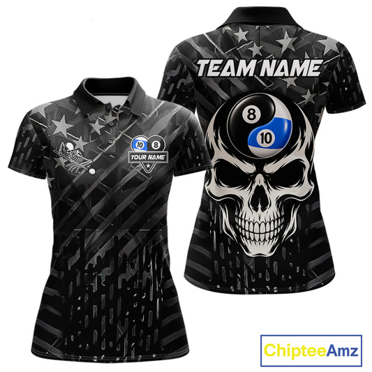 Black US Flag 8 Ball & 10 Ball Yin-Yang Skull Billiard Shirts For Women Custom Pool Team Jersey TDM7661