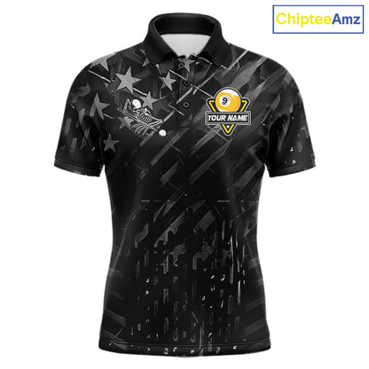 Black US Flag 9 Ball Billiard Pool Shirts For Men Custom Billiard League Team Jersey Polo, 1/4 Zip TDM7662