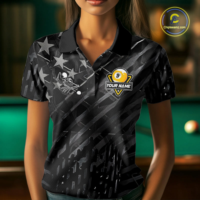 Black US Flag 9 Ball Billiard Pool Shirts For Women Custom Billiard League Team Jersey Polo, 1/4 Zip TDM7662