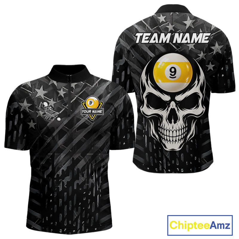 Black US Flag 9 Ball Billiard Pool Shirts For Men Custom Billiard League Team Jersey Polo, 1/4 Zip TDM7662