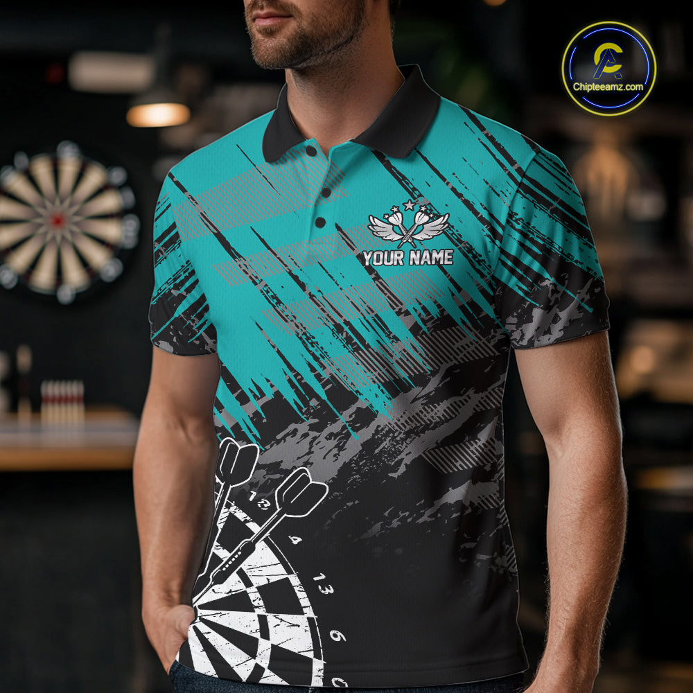 Teal Black Grunge Darts Shirt For Men Custom Dart Jersey With Pocket Option TDM7663
