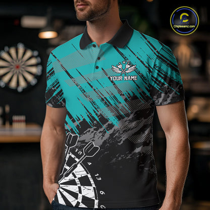 Teal Black Grunge Darts Shirt For Men Custom Dart Jersey With Pocket Option TDM7663
