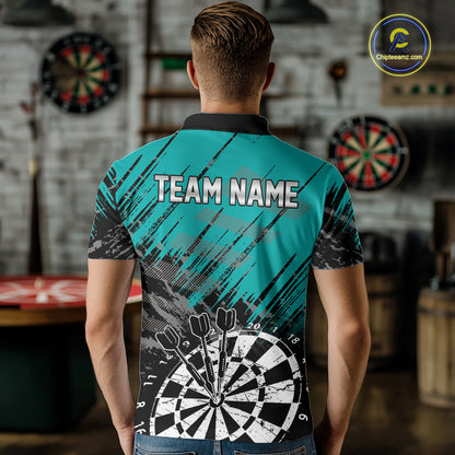 Teal Black Grunge Darts Shirt For Men Custom Dart Jersey With Pocket Option TDM7663