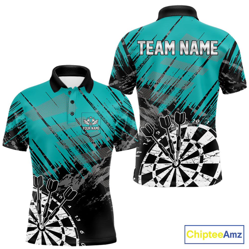 Teal Black Grunge Darts Shirt For Men Custom Dart Jersey With Pocket Option TDM7663