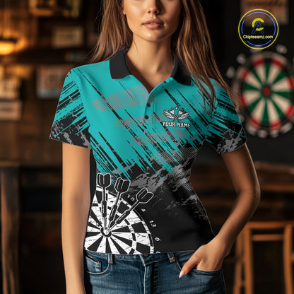 Teal Black Grunge Darts Shirt For Women Custom Dart Jersey With Pocket Option TDM7663