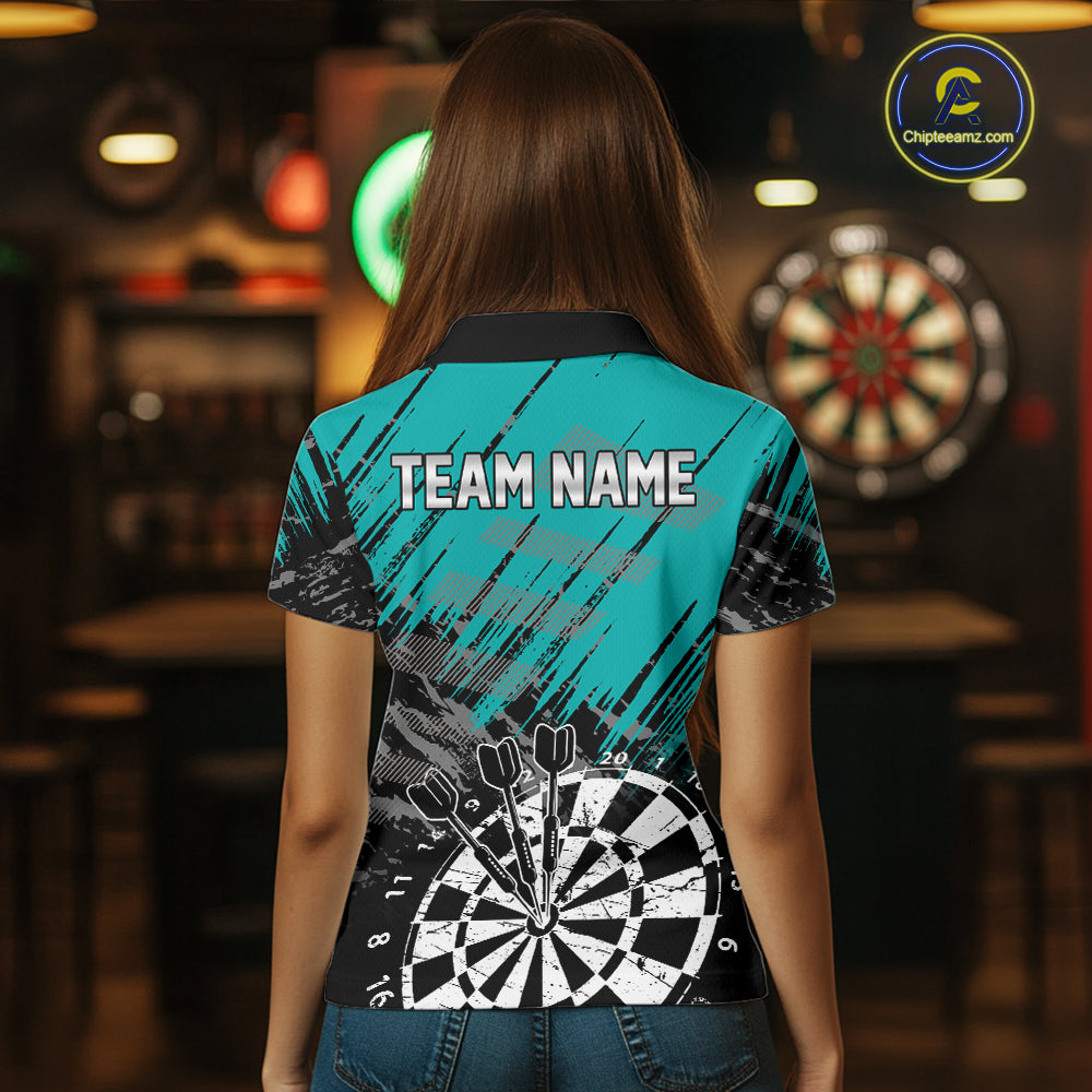Teal Black Grunge Darts Shirt For Women Custom Dart Jersey With Pocket Option TDM7663