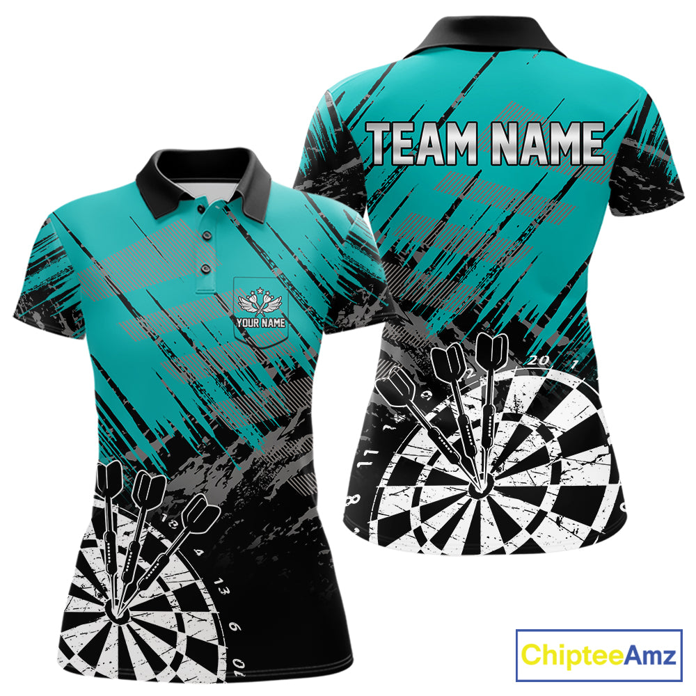 Teal Black Grunge Darts Shirt For Women Custom Dart Jersey With Pocket Option TDM7663