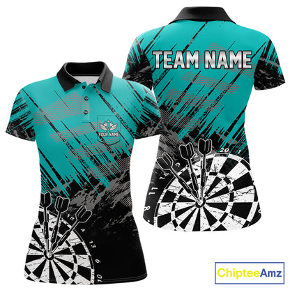 Teal Black Grunge Darts Shirt For Women Custom Dart Jersey With Pocket Option TDM7663