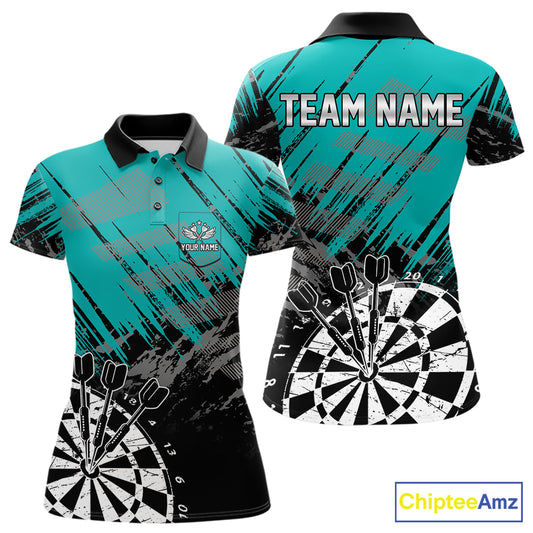 Teal Black Grunge Darts Shirt For Women Custom Dart Jersey With Pocket Option TDM7663