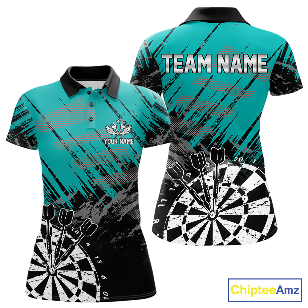 Teal Black Grunge Darts Shirt For Women Custom Dart Jersey With Pocket Option TDM7663