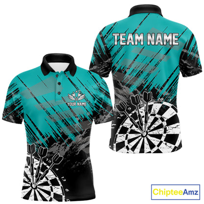 Teal Black Grunge Darts Shirt For Men Custom Dart Jersey With Pocket Option TDM7663