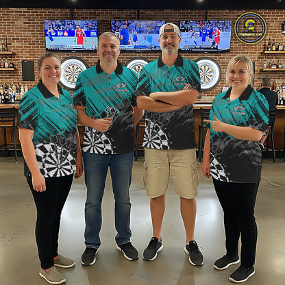 Teal Black Grunge Darts Shirt For Men Custom Dart Jersey With Pocket Option TDM7663