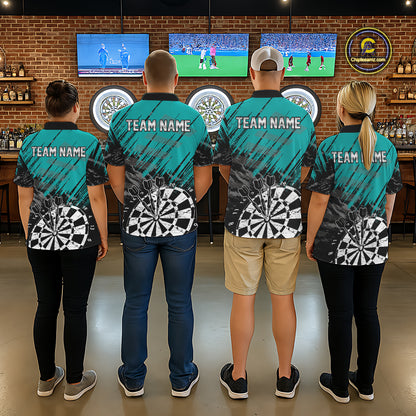 Teal Black Grunge Darts Shirt For Men Custom Dart Jersey With Pocket Option TDM7663