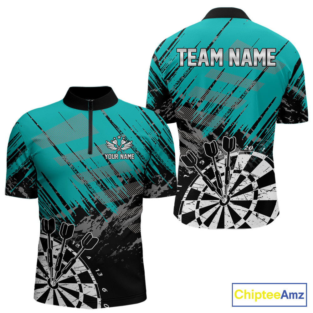 Teal Black Grunge Darts Shirt For Men Custom Dart Jersey With Pocket Option TDM7663