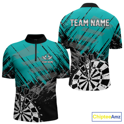 Teal Black Grunge Darts Shirt For Men Custom Dart Jersey With Pocket Option TDM7663