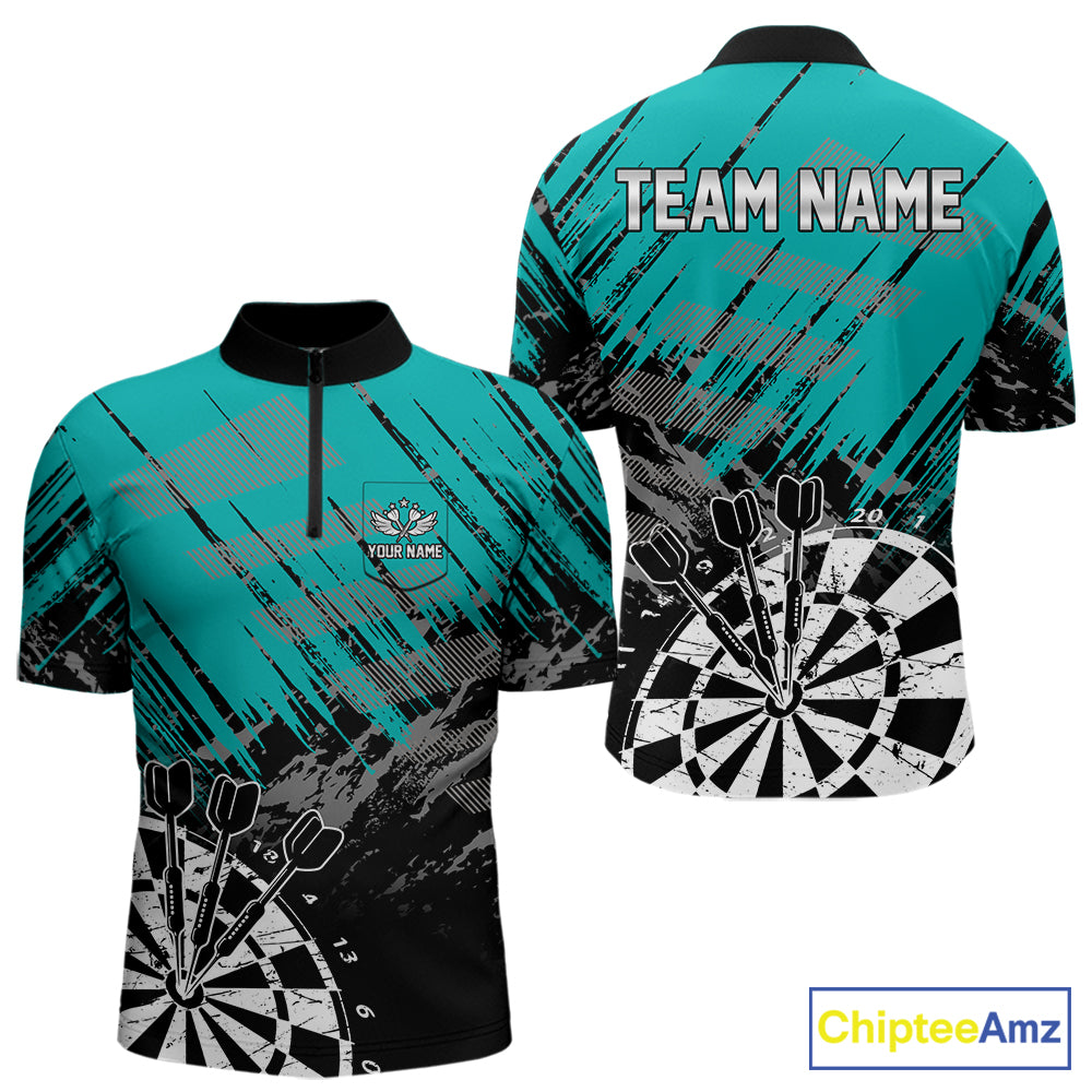 Teal Black Grunge Darts Shirt For Men Custom Dart Jersey With Pocket Option TDM7663