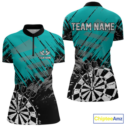 Teal Black Grunge Darts Shirt For Women Custom Dart Jersey With Pocket Option TDM7663