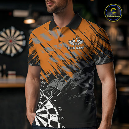 Orange Black Grunge Darts Shirt For Men Custom Dart Jersey With Pocket Option TDM7664
