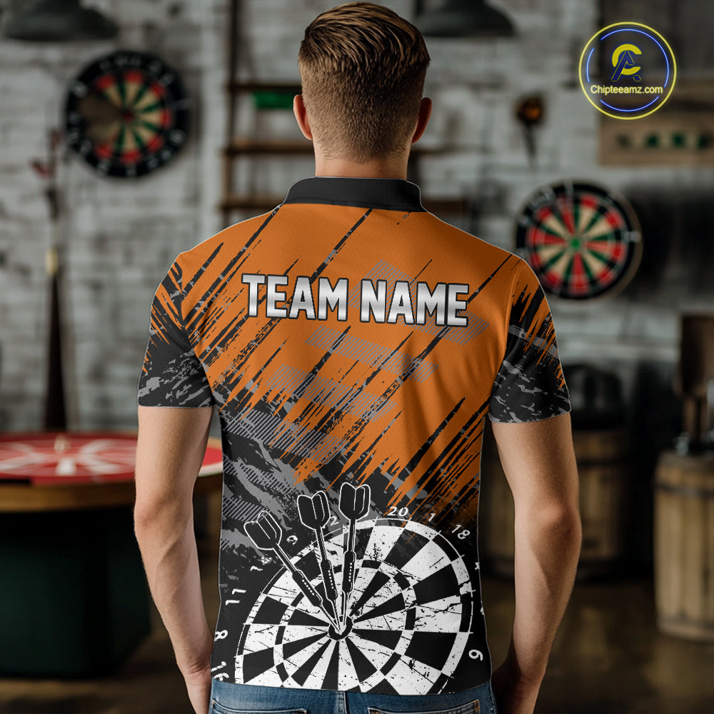 Orange Black Grunge Darts Shirt For Men Custom Dart Jersey With Pocket Option TDM7664