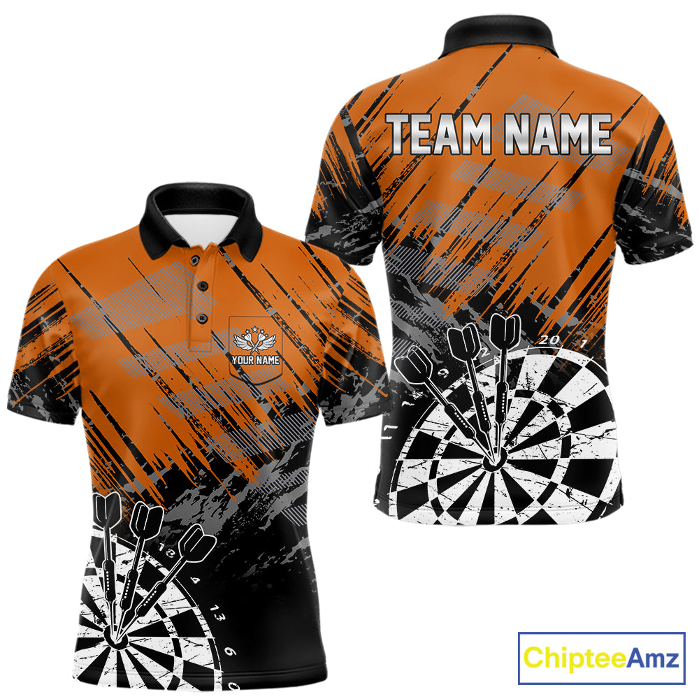 Orange Black Grunge Darts Shirt For Men Custom Dart Jersey With Pocket Option TDM7664