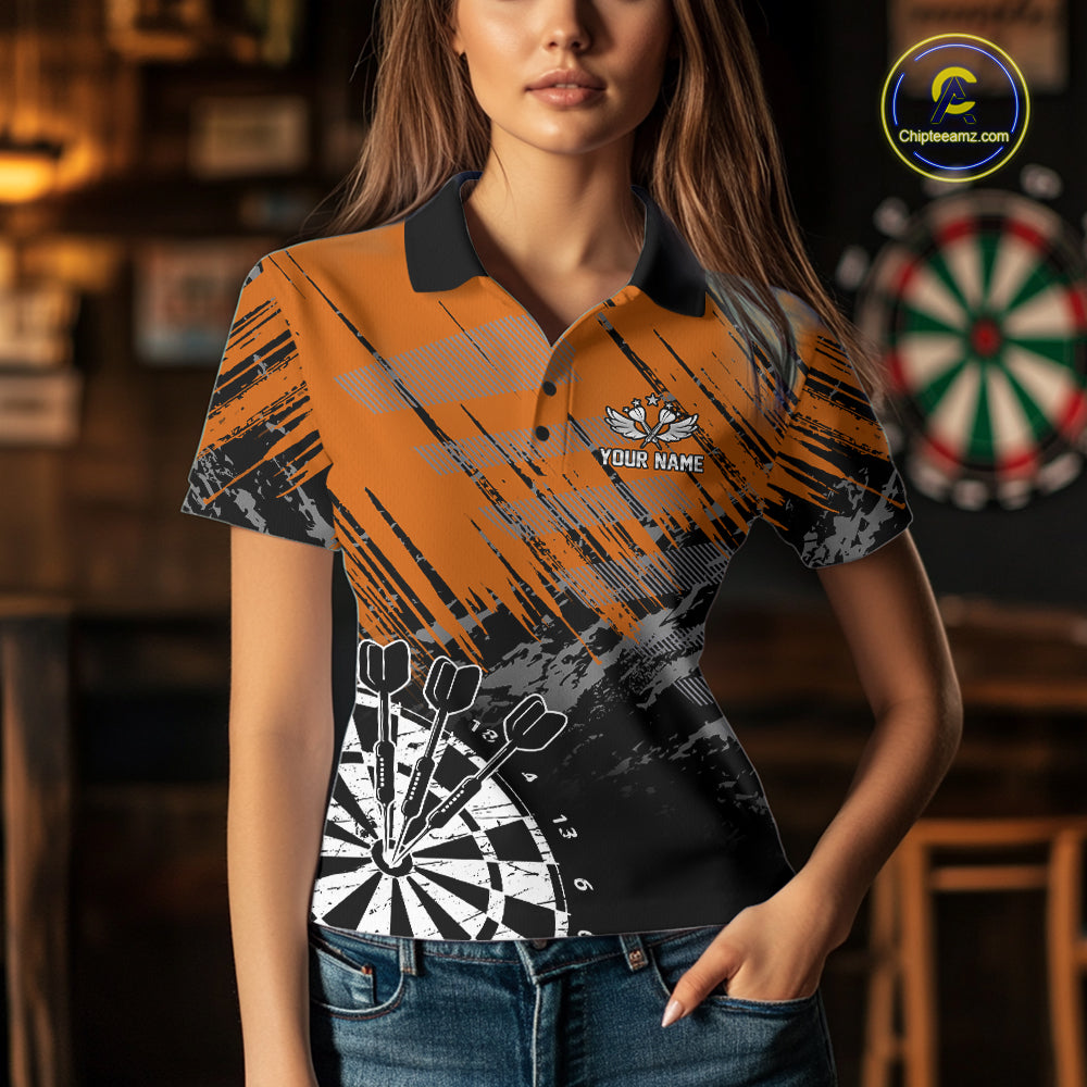 Orange Black Grunge Darts Shirt For Women Custom Dart Jersey With Pocket Option TDM7664