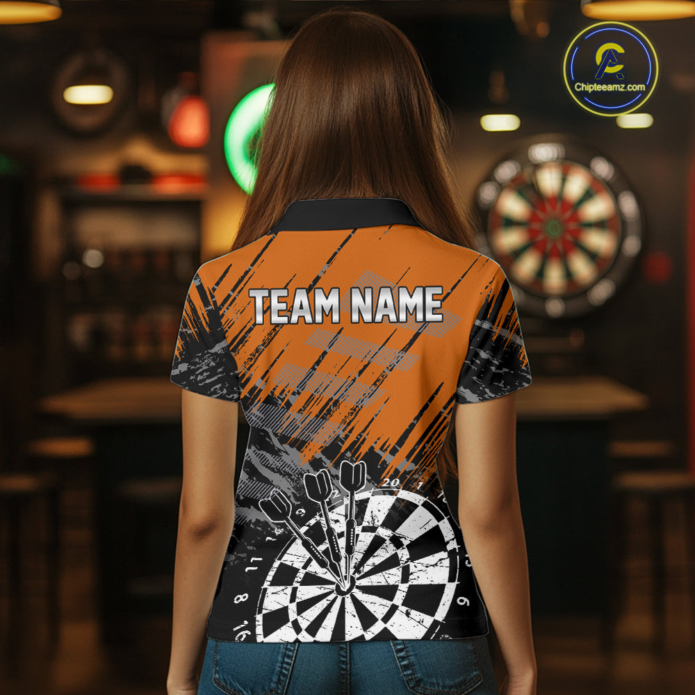 Orange Black Grunge Darts Shirt For Women Custom Dart Jersey With Pocket Option TDM7664