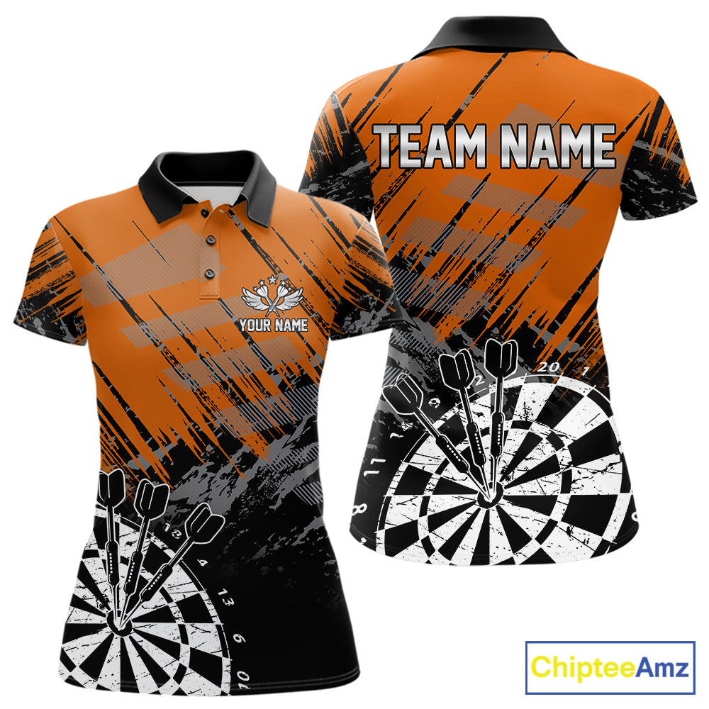 Orange Black Grunge Darts Shirt For Women Custom Dart Jersey With Pocket Option TDM7664