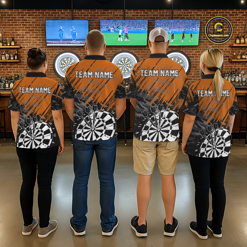 Orange Black Grunge Darts Shirt For Men Custom Dart Jersey With Pocket Option TDM7664
