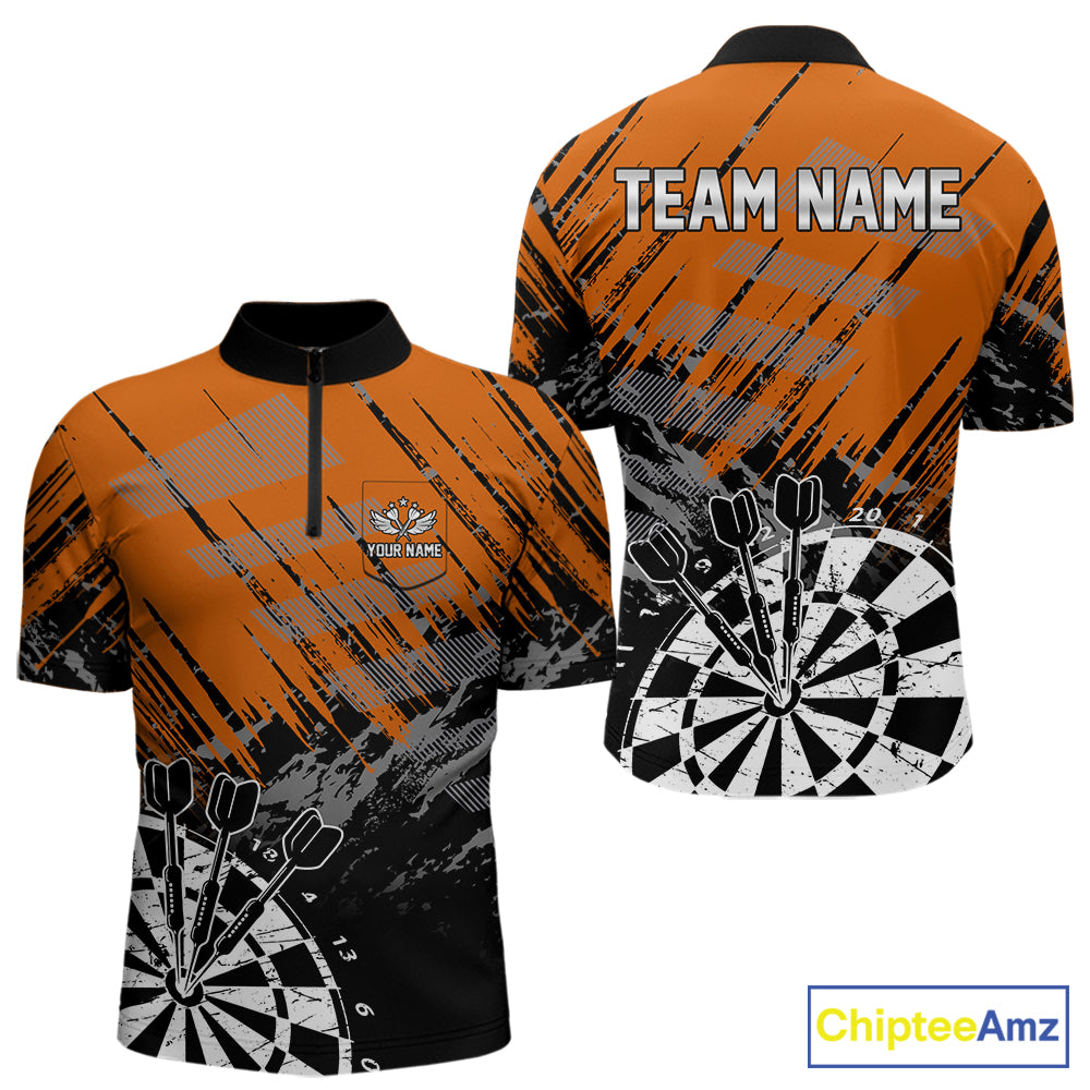 Orange Black Grunge Darts Shirt For Men Custom Dart Jersey With Pocket Option TDM7664