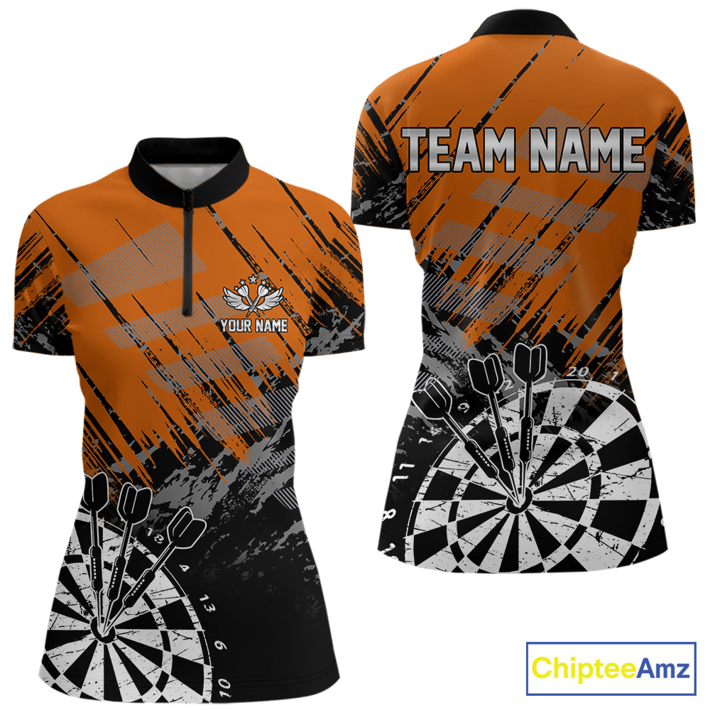 Orange Black Grunge Darts Shirt For Women Custom Dart Jersey With Pocket Option TDM7664