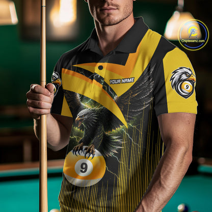 Yellow And Black 9 Ball Pool Eagle Lightning Billiard Shirts For Men Custom Billiard Team Jersey TDM7982