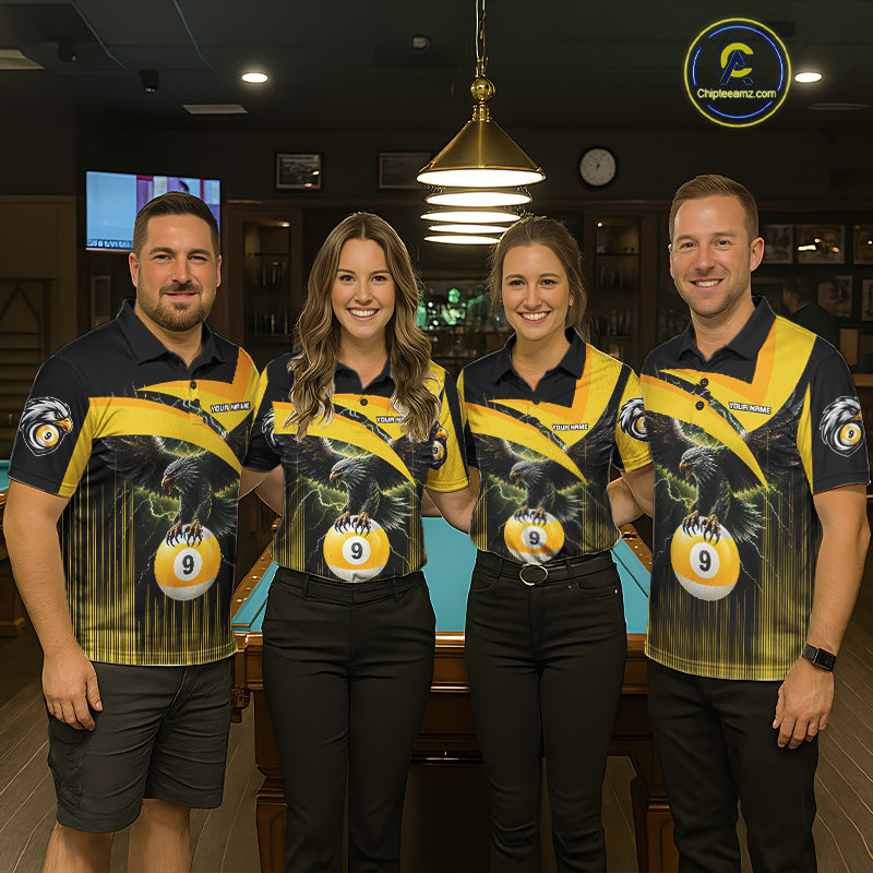 Yellow And Black 9 Ball Pool Eagle Lightning Billiard Shirts For Men Custom Billiard Team Jersey TDM7982