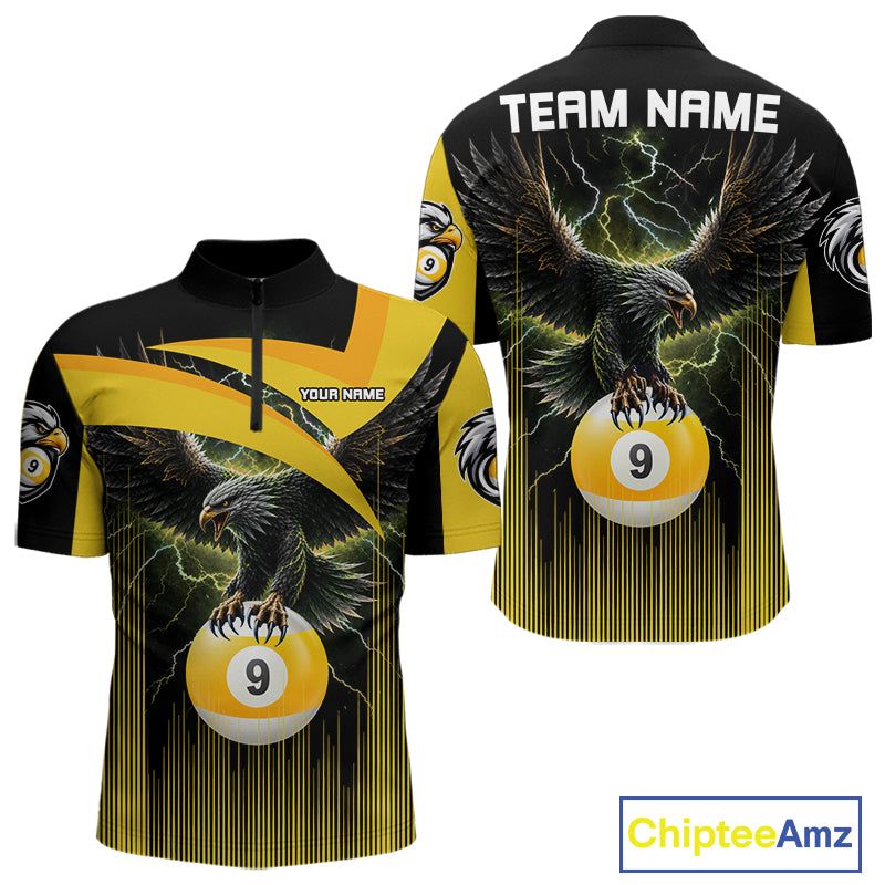 Yellow And Black 9 Ball Pool Eagle Lightning Billiard Shirts For Men Custom Billiard Team Jersey TDM7982