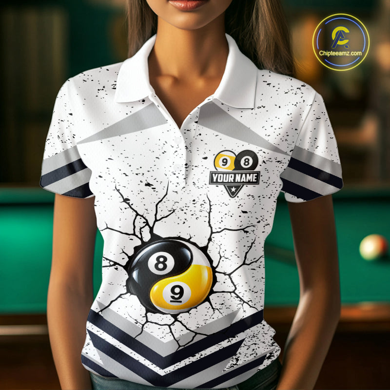 Funny Yin-Yang 8 Ball & 9 Ball Billiard Shirts For Women Custom White Grunge Pool Team Jersey TDM7984