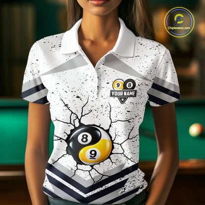 Funny Yin-Yang 8 Ball & 9 Ball Billiard Shirts For Women Custom White Grunge Pool Team Jersey TDM7984
