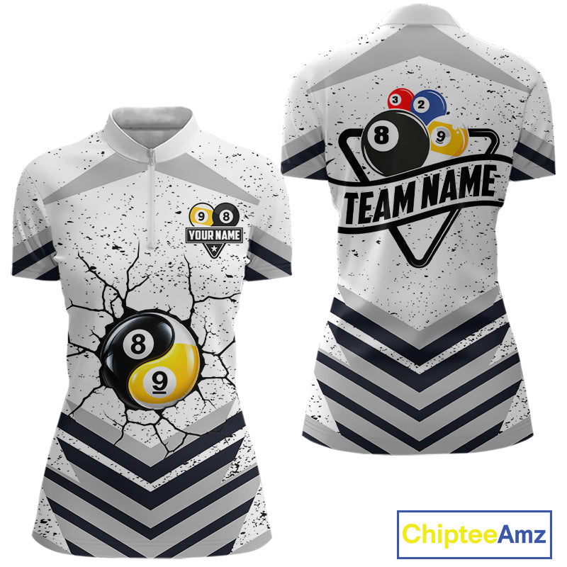 Funny Yin-Yang 8 Ball & 9 Ball Billiard Shirts For Women Custom White Grunge Pool Team Jersey TDM7984