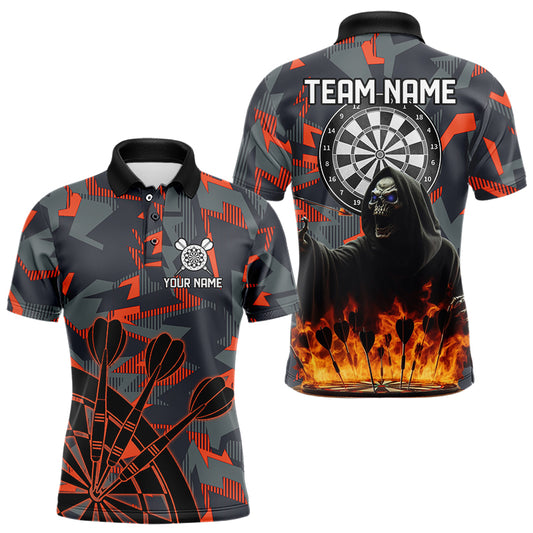 Personalized Grim Reaper Fire Camo Dart Shirts For Men Custom Camouflage Darts League Jerseys TDM3072