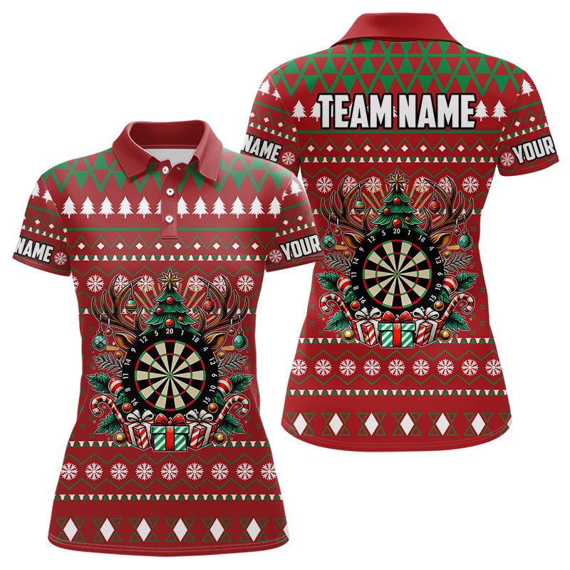 Red Christmas Pattern Custom Dart Shirts For Women, Funny Darts Christmas Gifts Xmas Dart Jerseys TDM3078